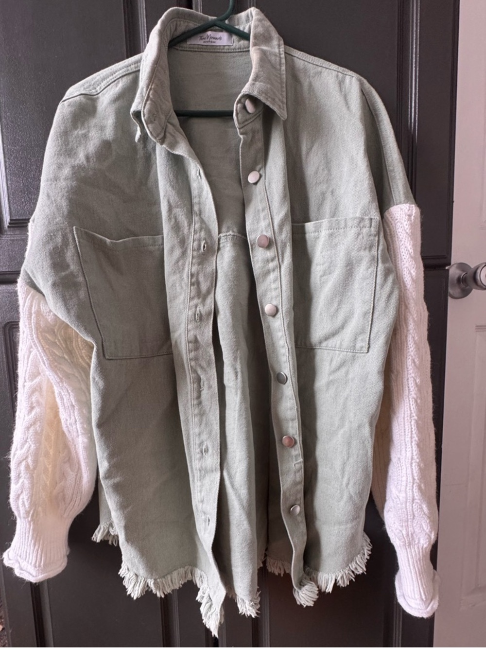 Three Mermaids Sage Green Shirt Jacket with Cream Cable-Knit Sleeves